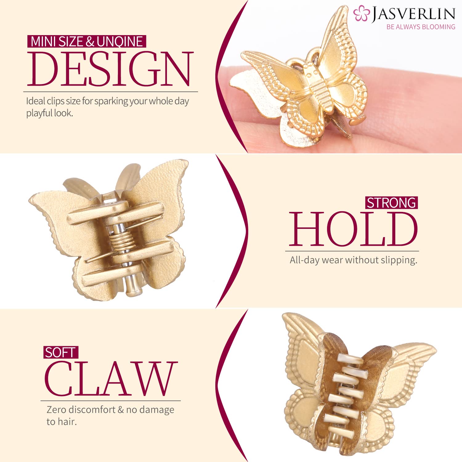 JASVERLIN tiny butterfly clips holding a half-up hairstyle, secure and decorative