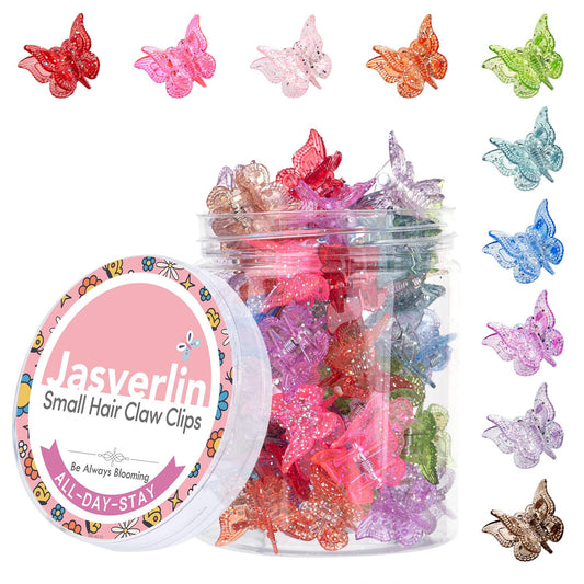 JASVERLIN front packaging showing 50 glitter butterfly clips, convenient bulk set