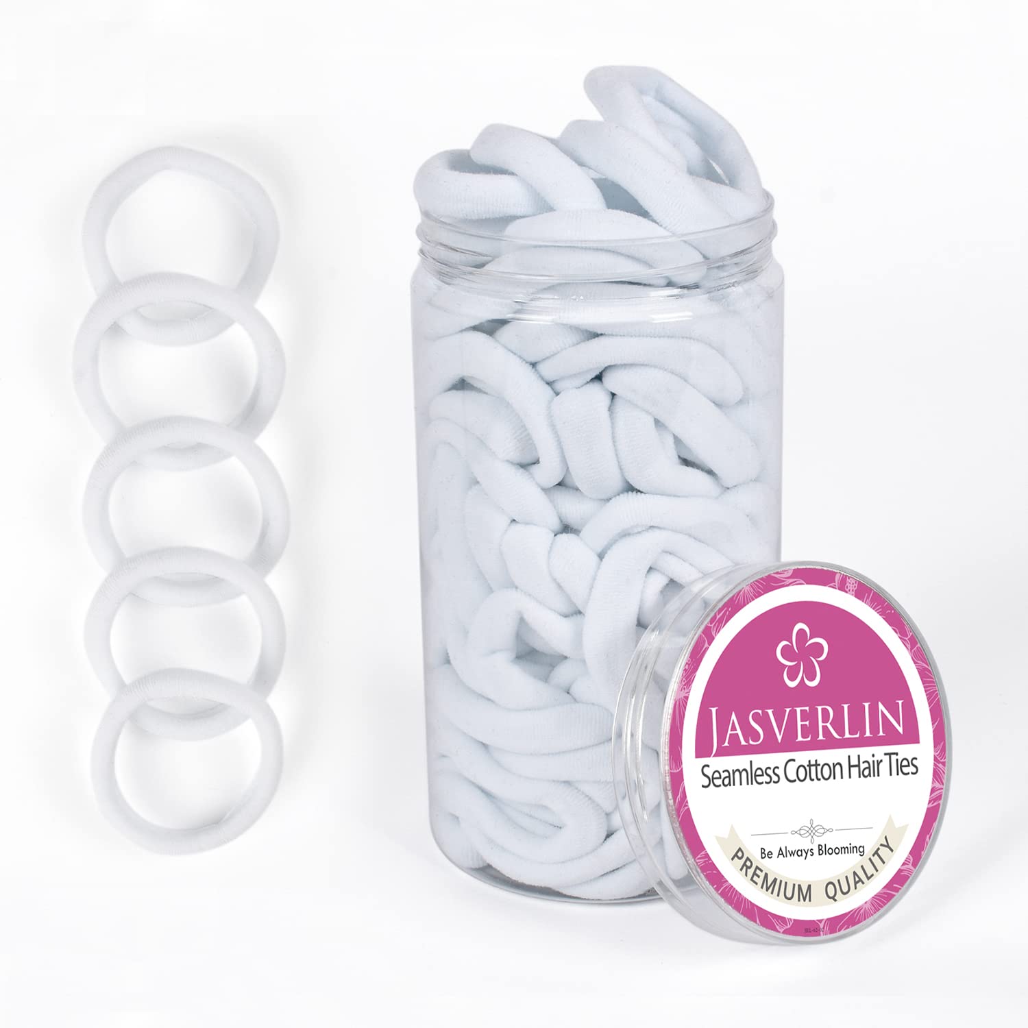 JASVERLIN front jar packaging showing 100 white hair ties and organized storage benefit