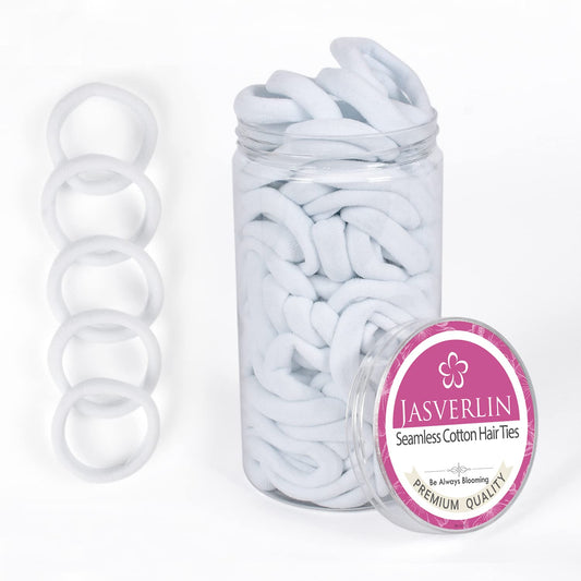 JASVERLIN front jar packaging showing 100 white hair ties and organized storage benefit