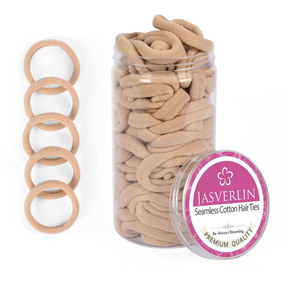 JASVERLIN front packaging showing 100 light blonde hair ties and jar — organized convenience