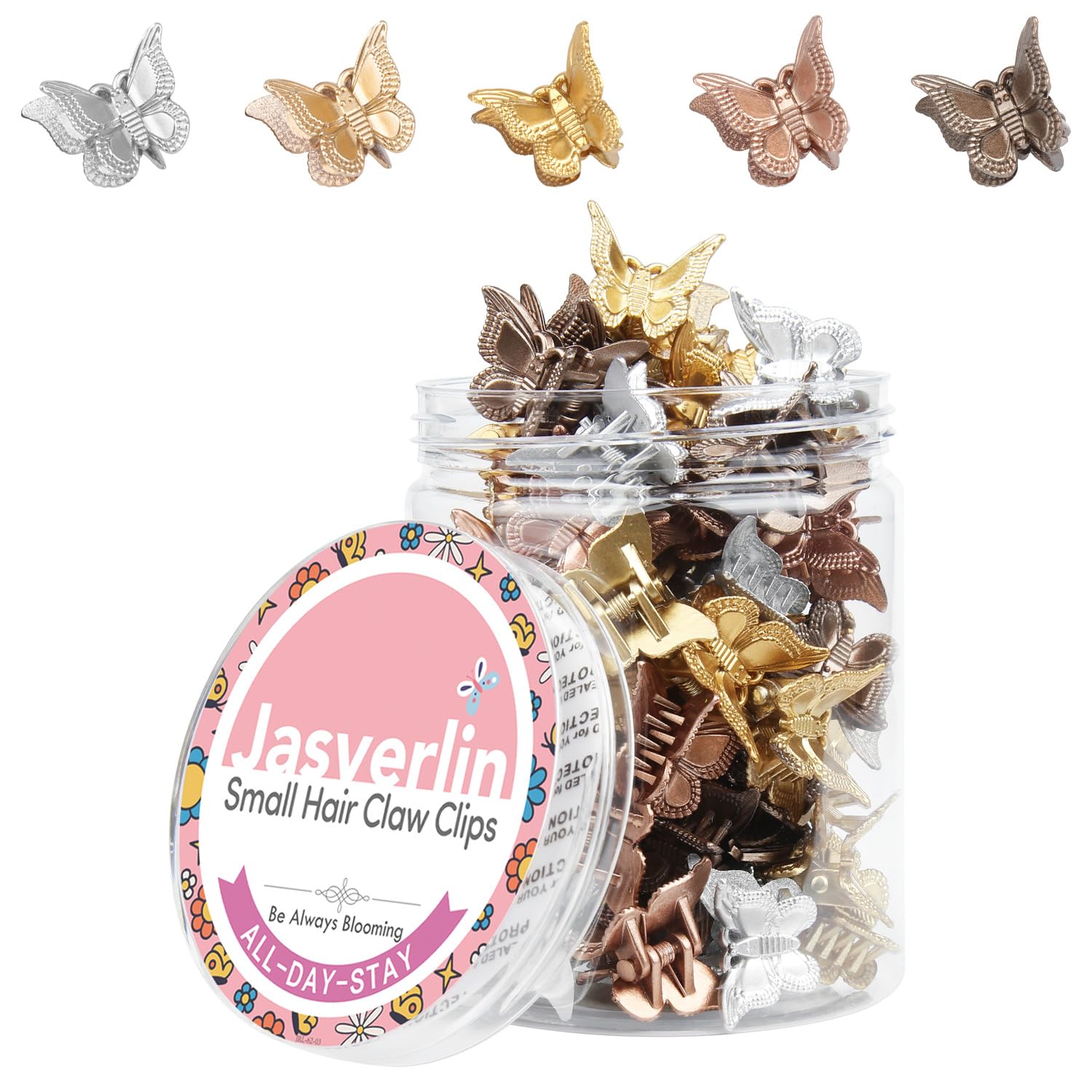 JASVERLIN front packaging showing 50 metallic butterfly clips and organizer, convenient storage