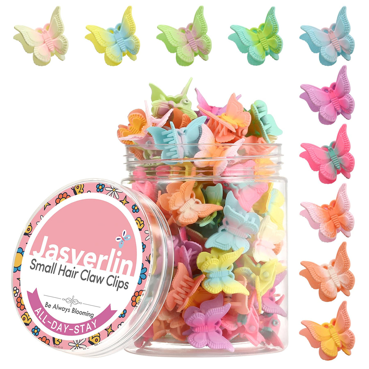 JASVERLIN front packaging showing 50 pastel butterfly clips, colorful convenience
