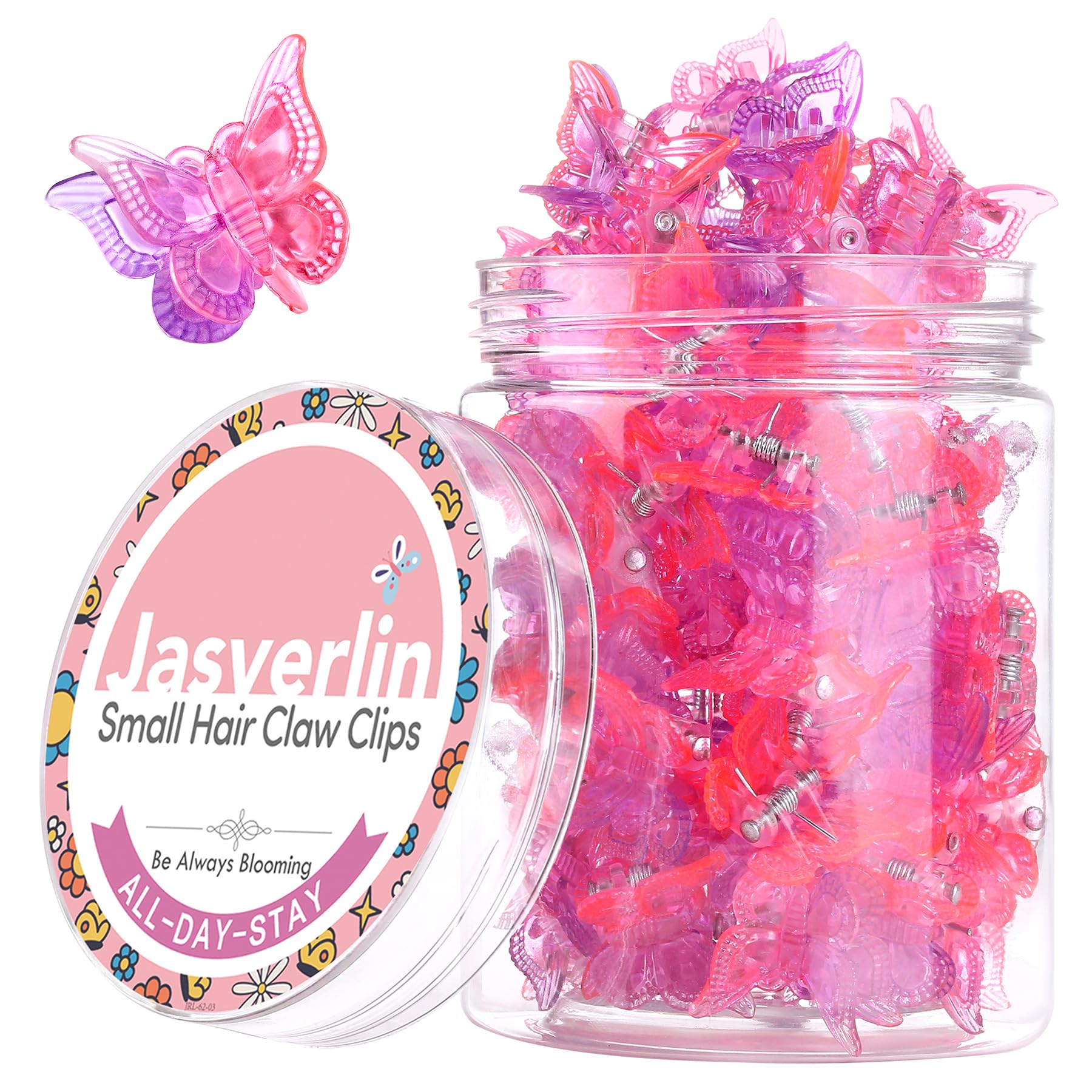 JASVERLIN front packaging showing 50 pink purple gradient clips, colorful storage benefit