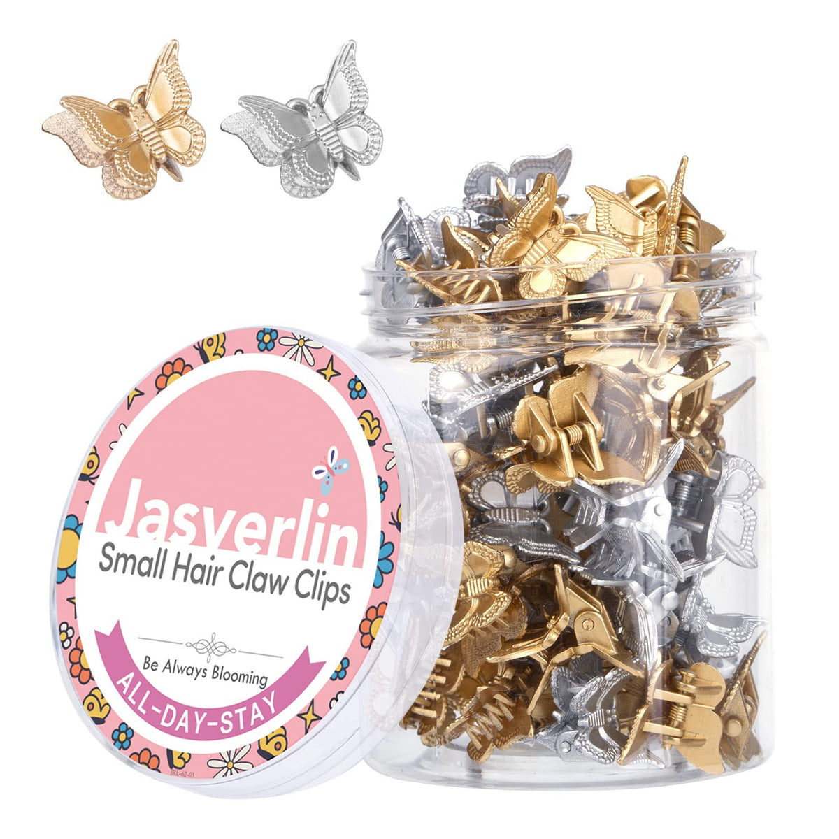 JASVERLIN front packaging showing 50 silver and gold clips, organized and travel-ready