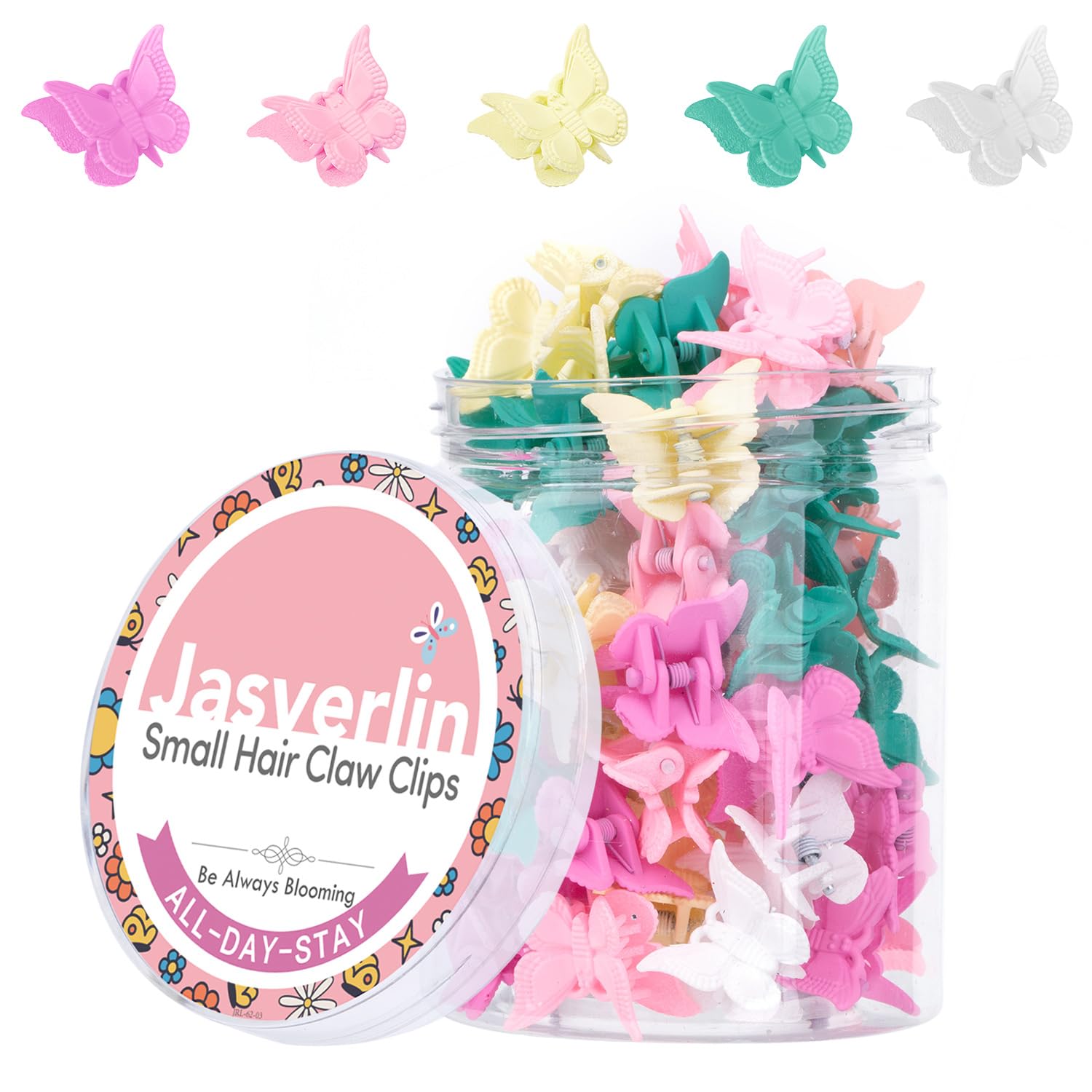 JASVERLIN front packaging showing 50 colorful butterfly clips for organized storage
