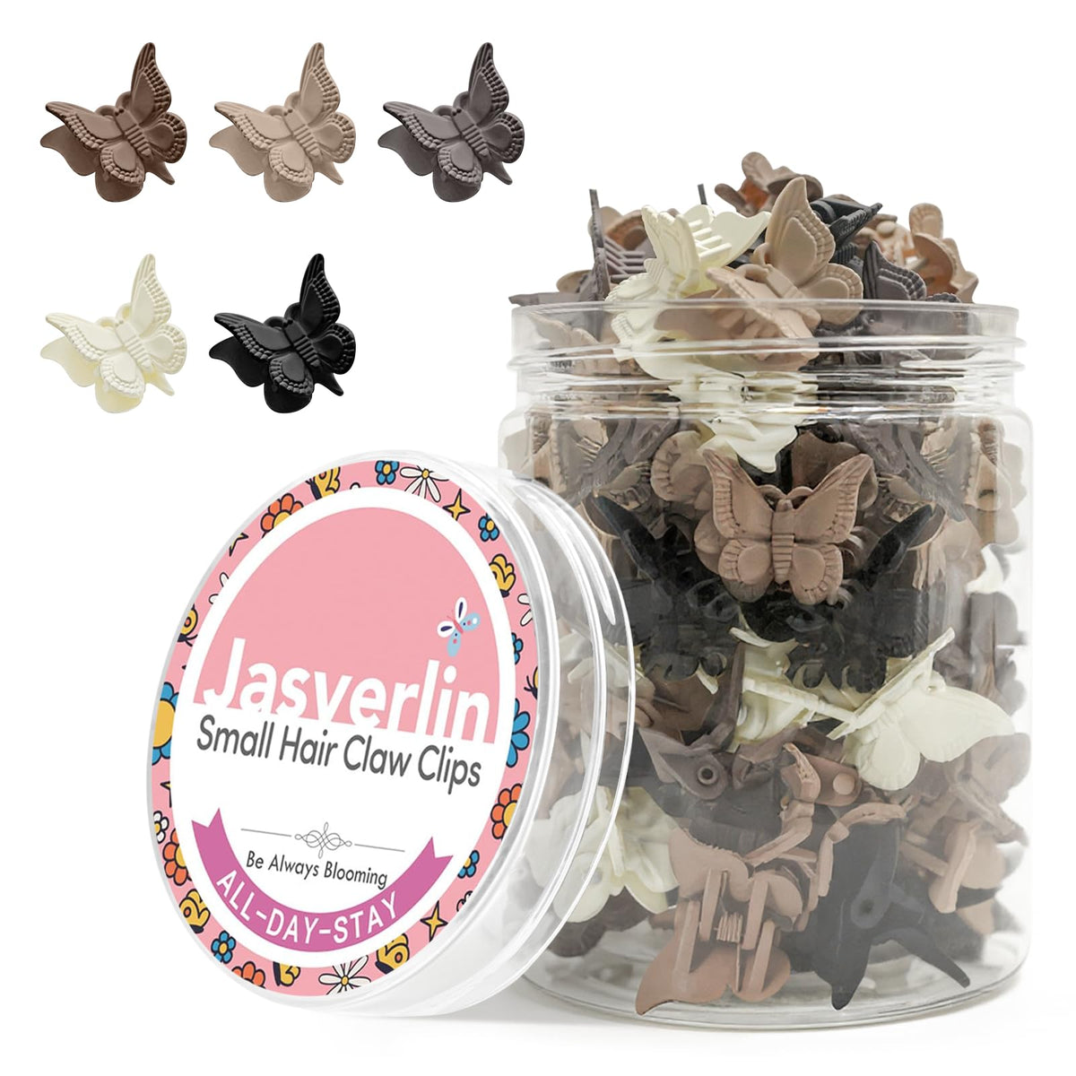 JASVERLIN front packaging showing 50 neutral butterfly clips and case, organized and ready