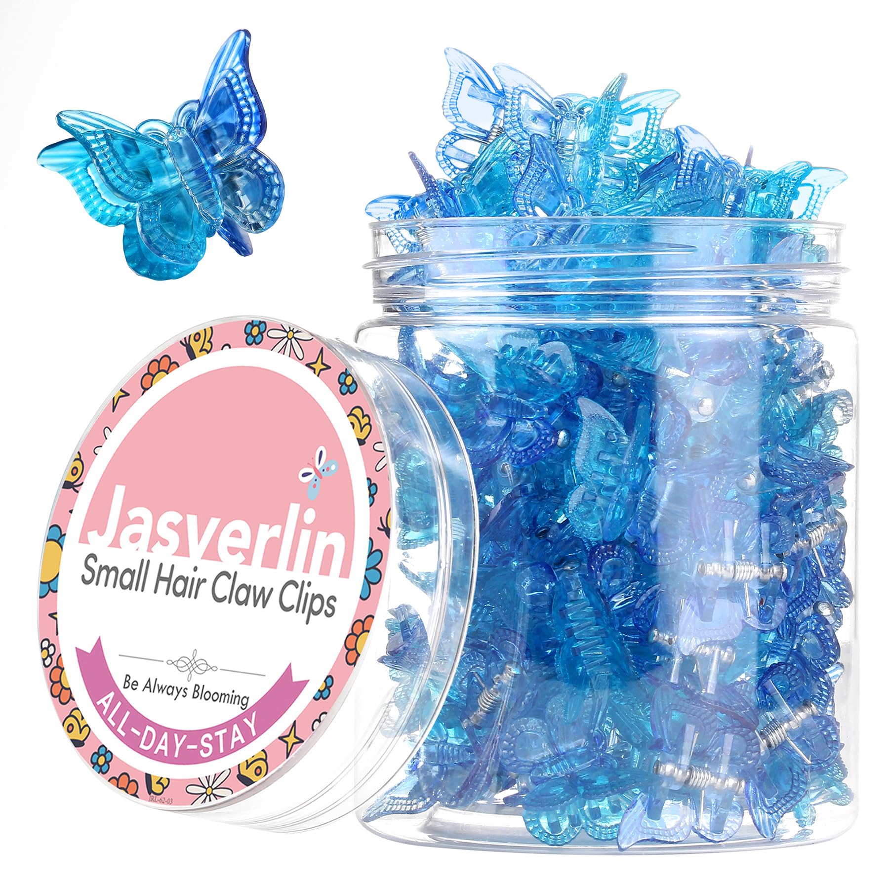 JASVERLIN front packaging with 50 blue gradient butterfly clips showing organization benefit
