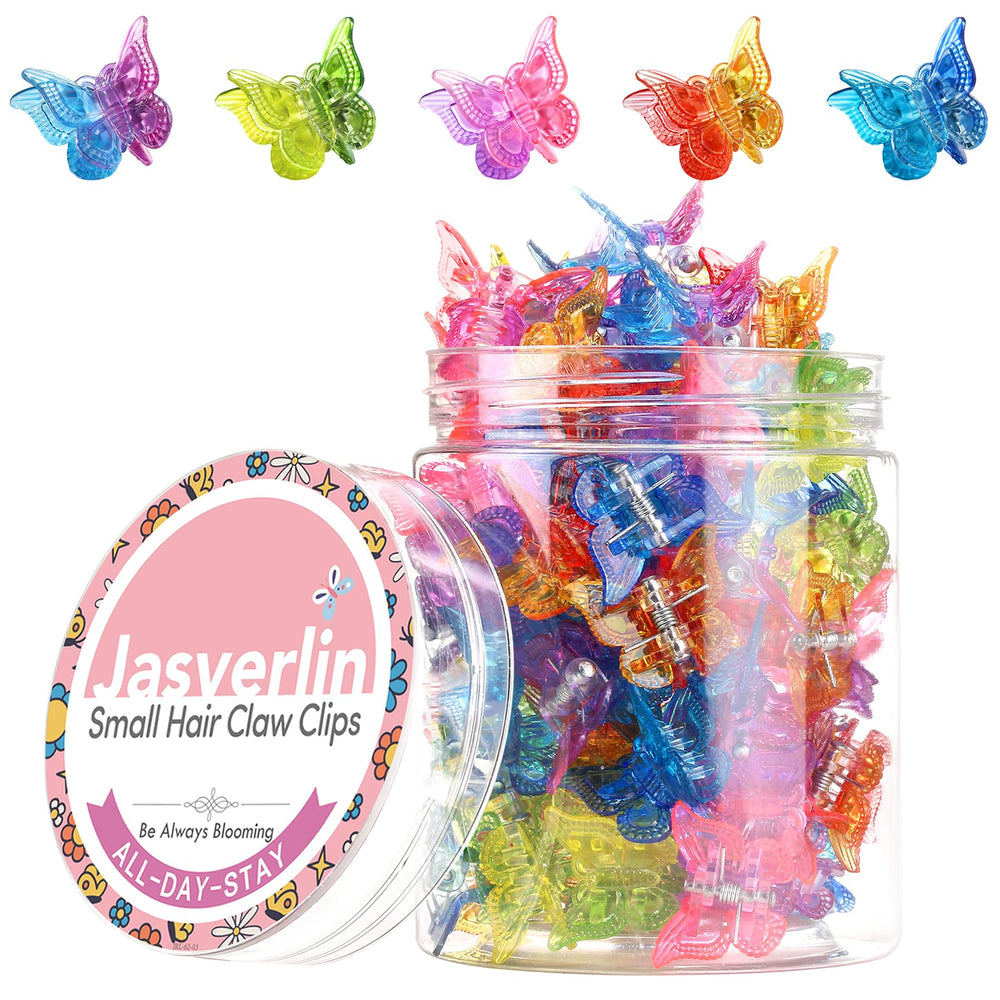 JASVERLIN front packaging showing 50 rainbow butterfly clips and container benefit: organized set