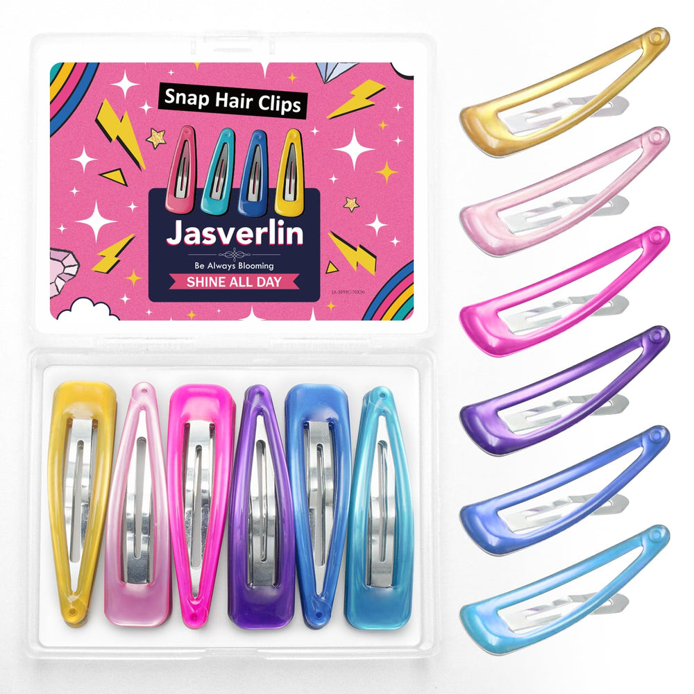 JASVERLIN front packaging showing 30 neon snap barrettes and clear case, colorful convenience