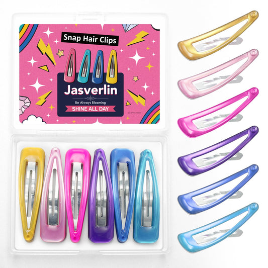 JASVERLIN front packaging showing 30 neon snap barrettes and clear case, colorful convenience