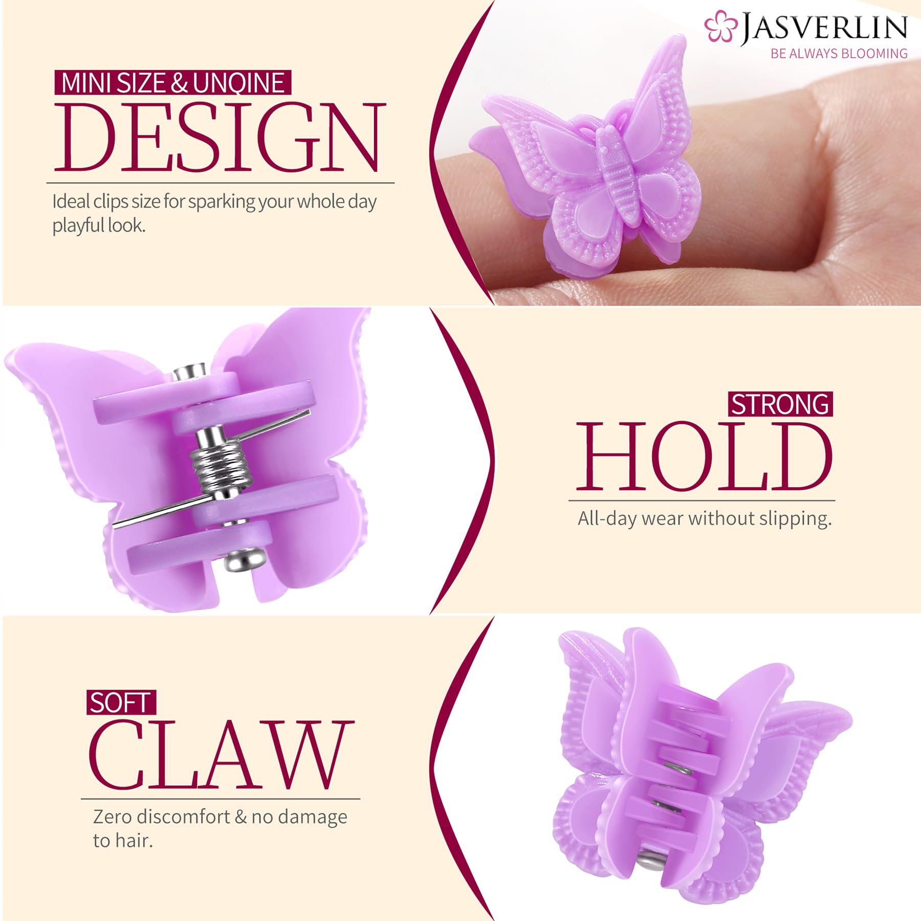JASVERLIN clips styled in hair securing small sections, adds playful 90s accessory accent