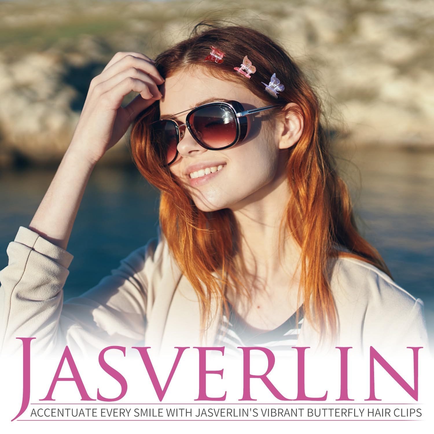 JASVERLIN lifestyle model wearing clips showing colorful styling boost