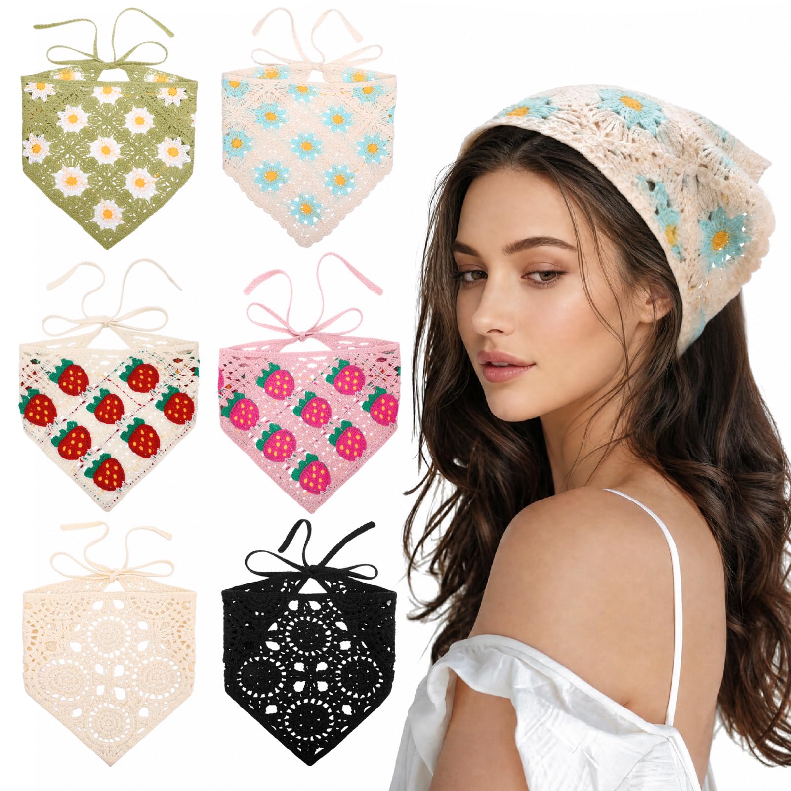 JATEBI front view of crocheted bandana showing colorful daisy pattern, adds boho flair