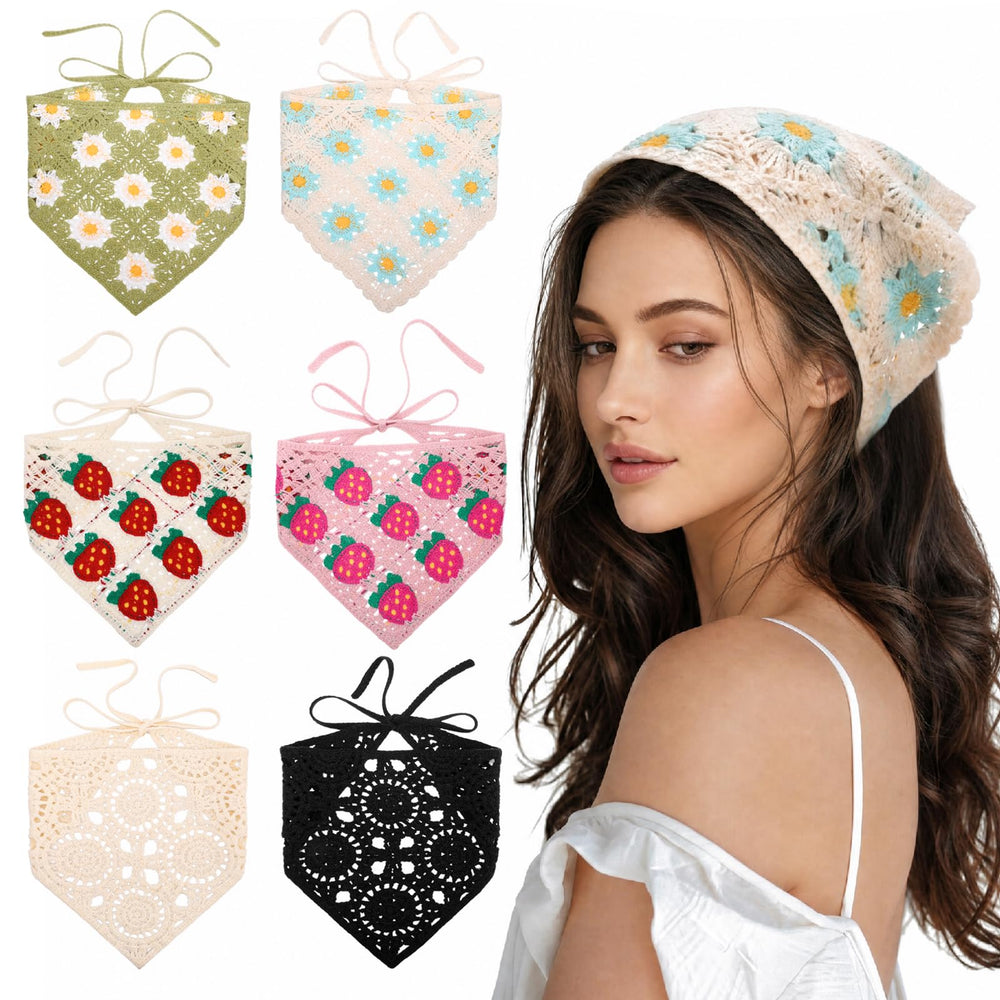 JATEBI front view of crocheted bandana showing colorful daisy pattern, adds boho flair
