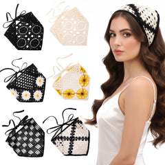 JATEBI front view of black crochet bandana showing pattern and packaging benefit