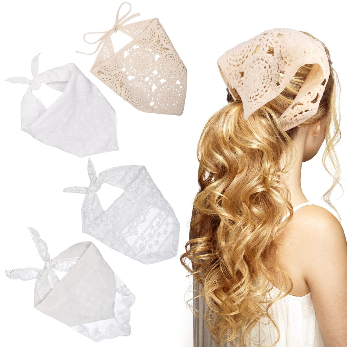 JATEBI front view of four floral lace head scarves showing color variety and packaging benefit