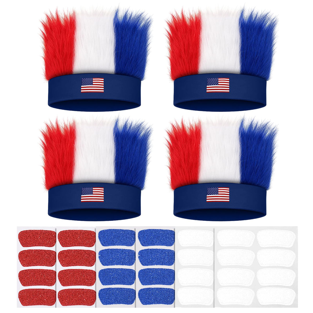 JATEBI front view of four patriotic hairy headbands showing bold red white blue colors and group-ready design