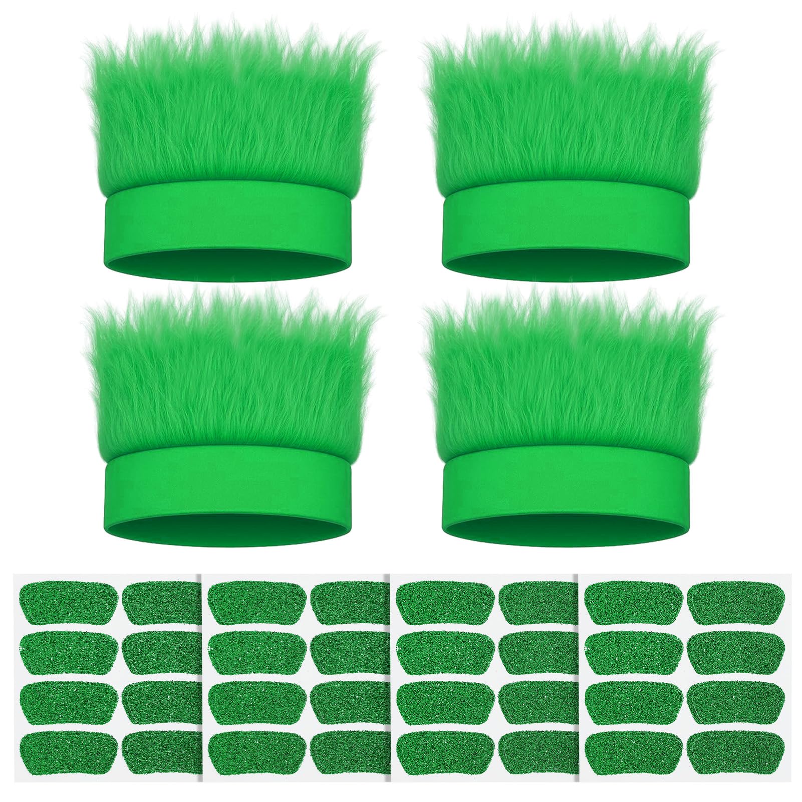 JATEBI front view of four green hairy headbands showing full set and packaging benefit visibility