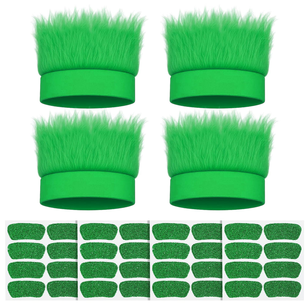 JATEBI front view of four green hairy headbands showing full set and packaging benefit visibility