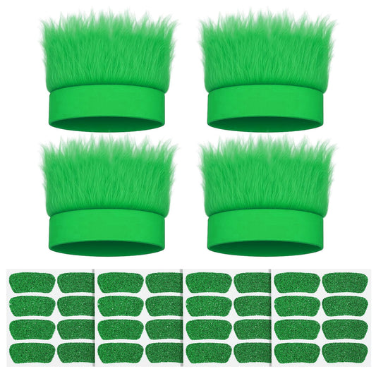 JATEBI front view of four green hairy headbands showing full set and packaging benefit visibility
