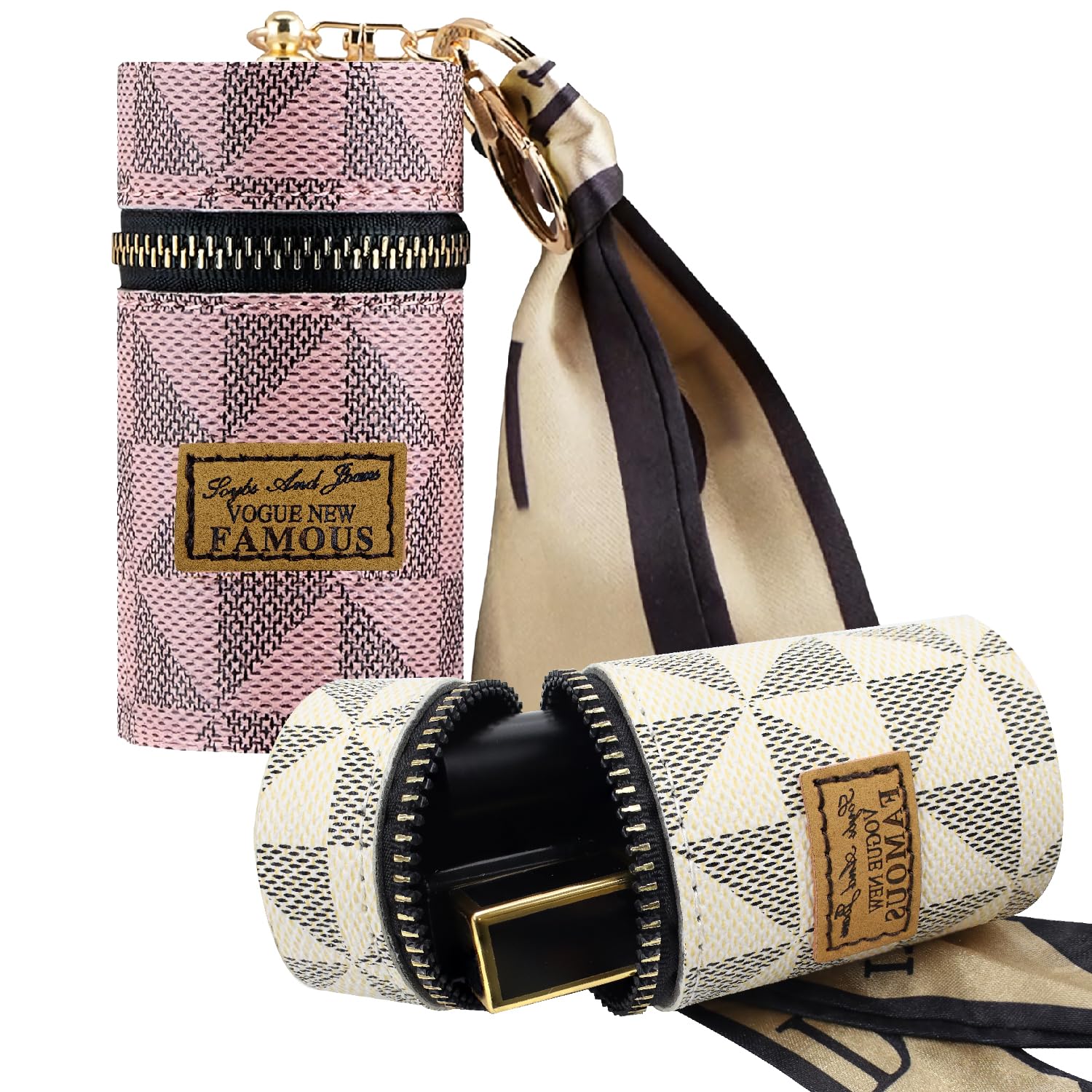 Jaxbo front view showing two leather pouches and ribbon accent for stylish organization