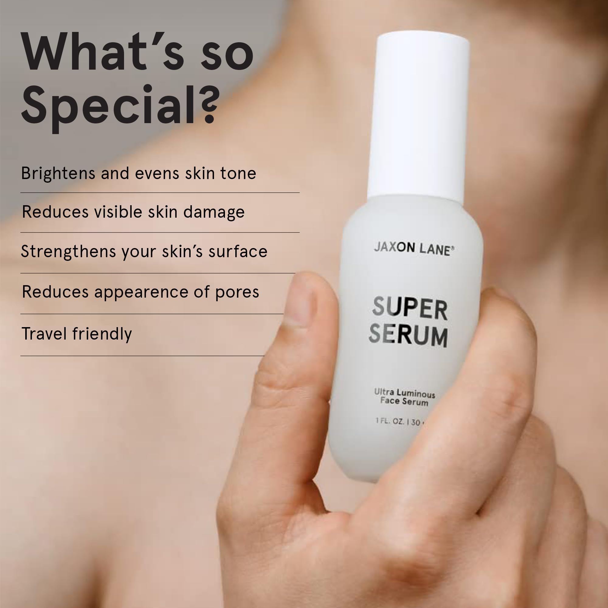 JAXON LANE ingredients label showing vitamin C niacinamide and hyaluronic acid benefit