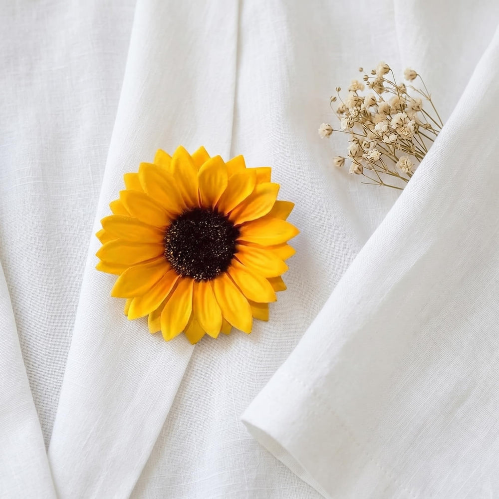JazSwirl sunflower clips styled in hair adding sunny accent and easy hold
