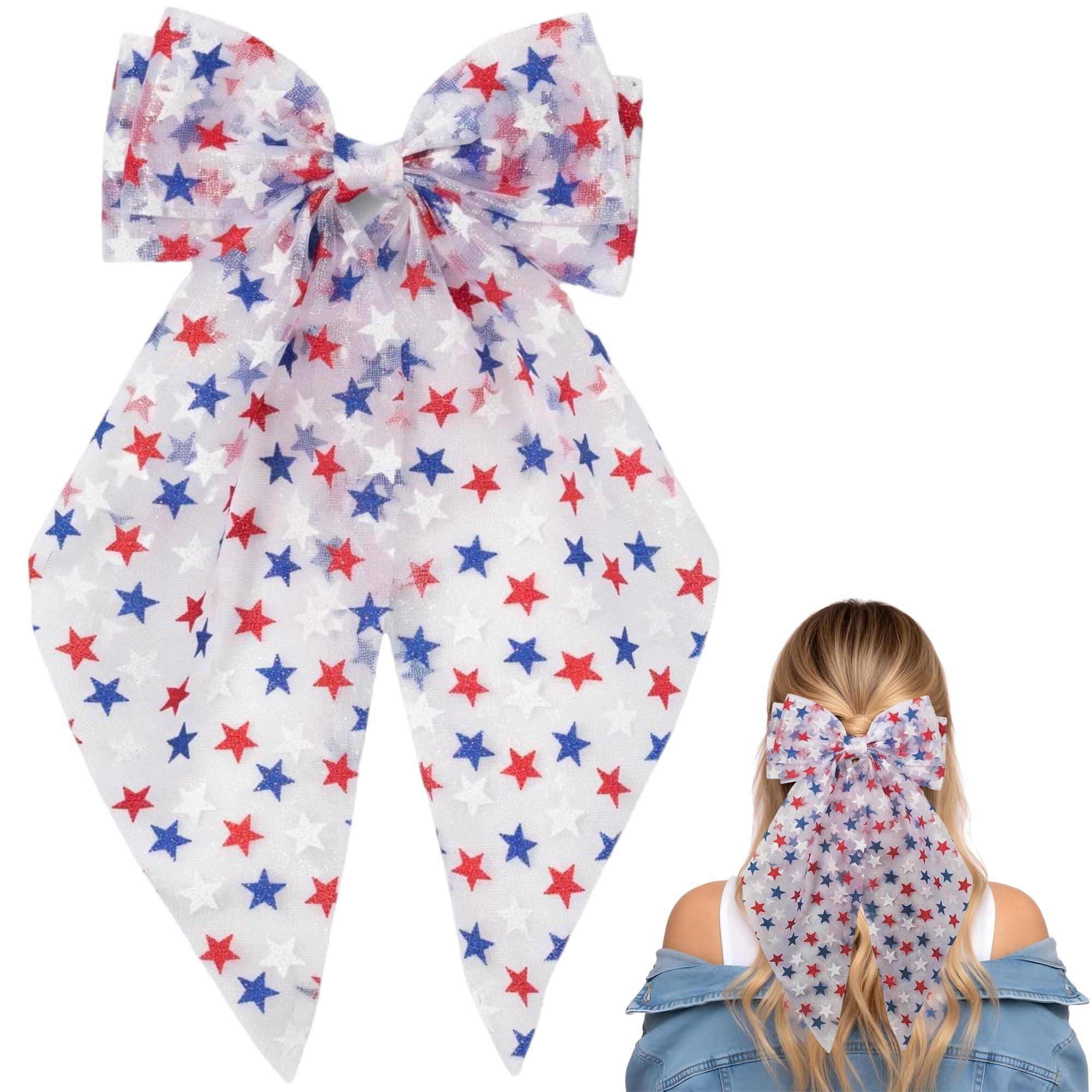 JazSwirl front view flag hair bow showing patriotic design and wearable volume