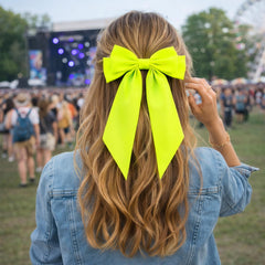 JazSwirl bow worn with festival outfit showing fun retro style benefit