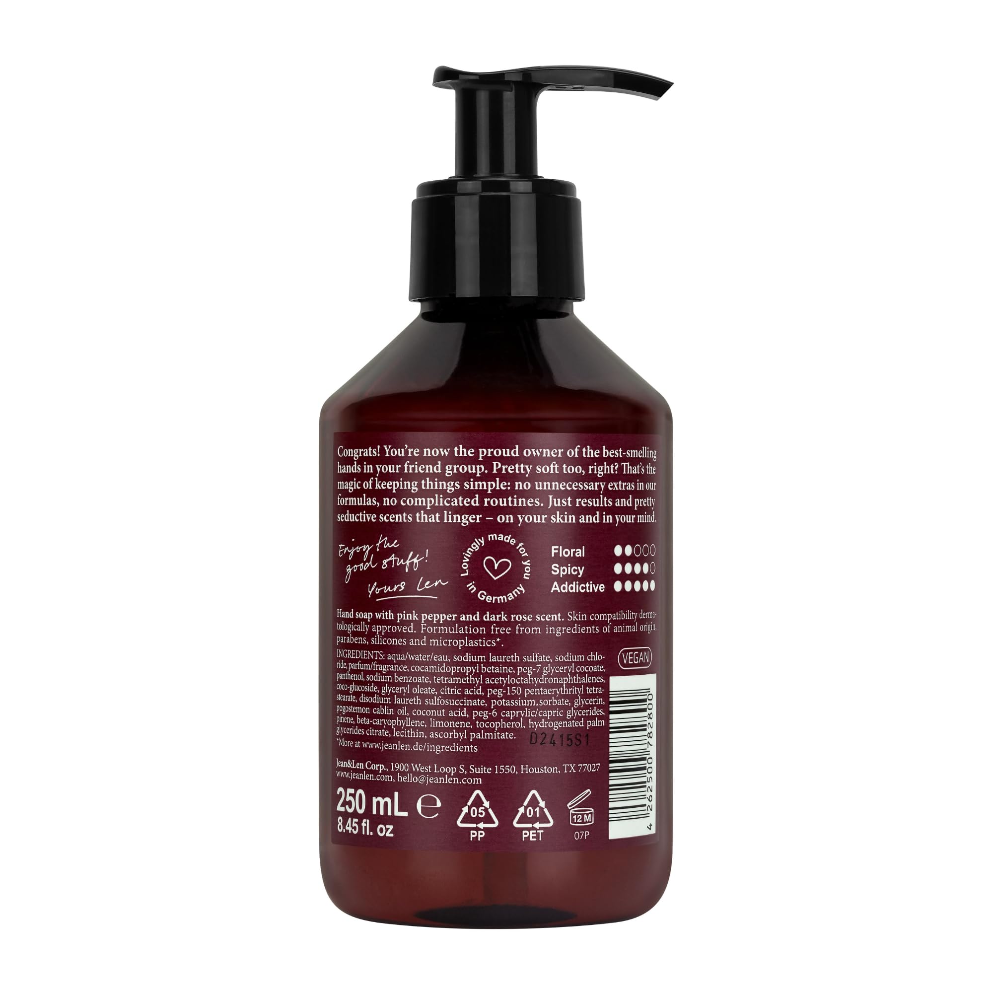 Jean & Len pump and cap detail, reliable mechanism and refill convenience