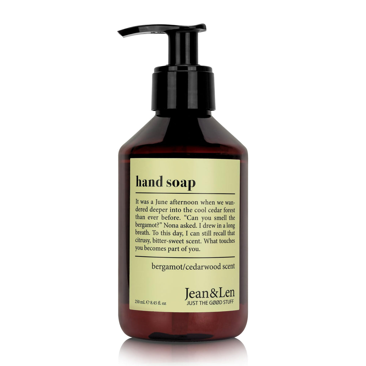 Jean & Len front packaging showing bergamot cedarwood fragrance and minimalist design benefits
