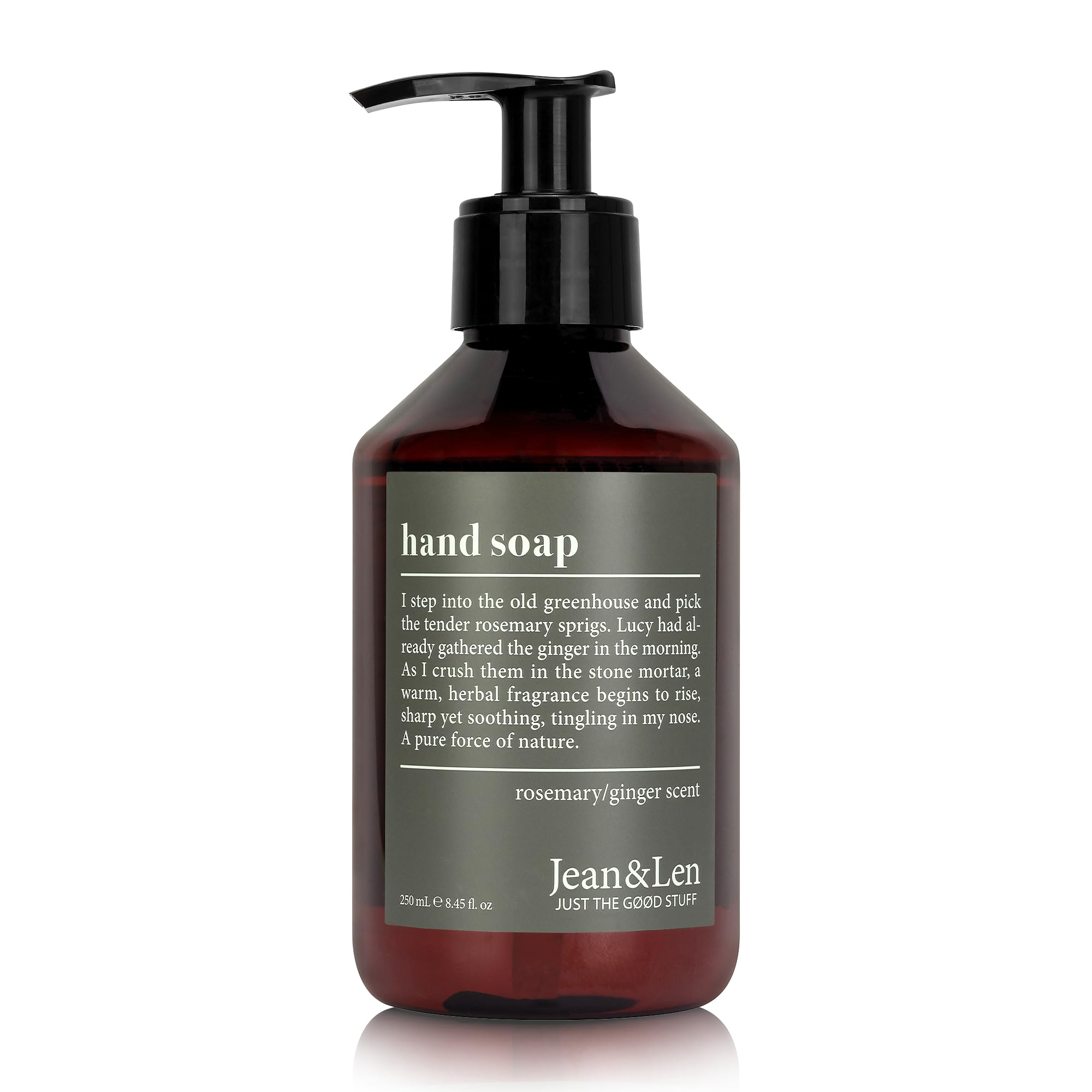 Jean & Len front pump bottle showing elegant design and easy dosing
