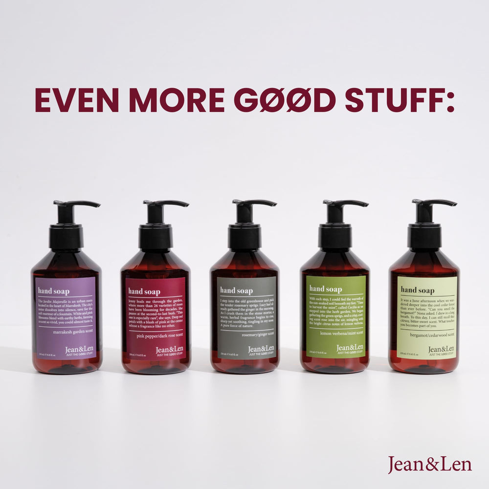 Jean & Len bottle styled with roses, fragrance-forward gift presentation
