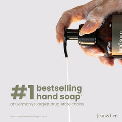 Jean & Len poured soap on hand demonstrating moisturising cleanse benefit