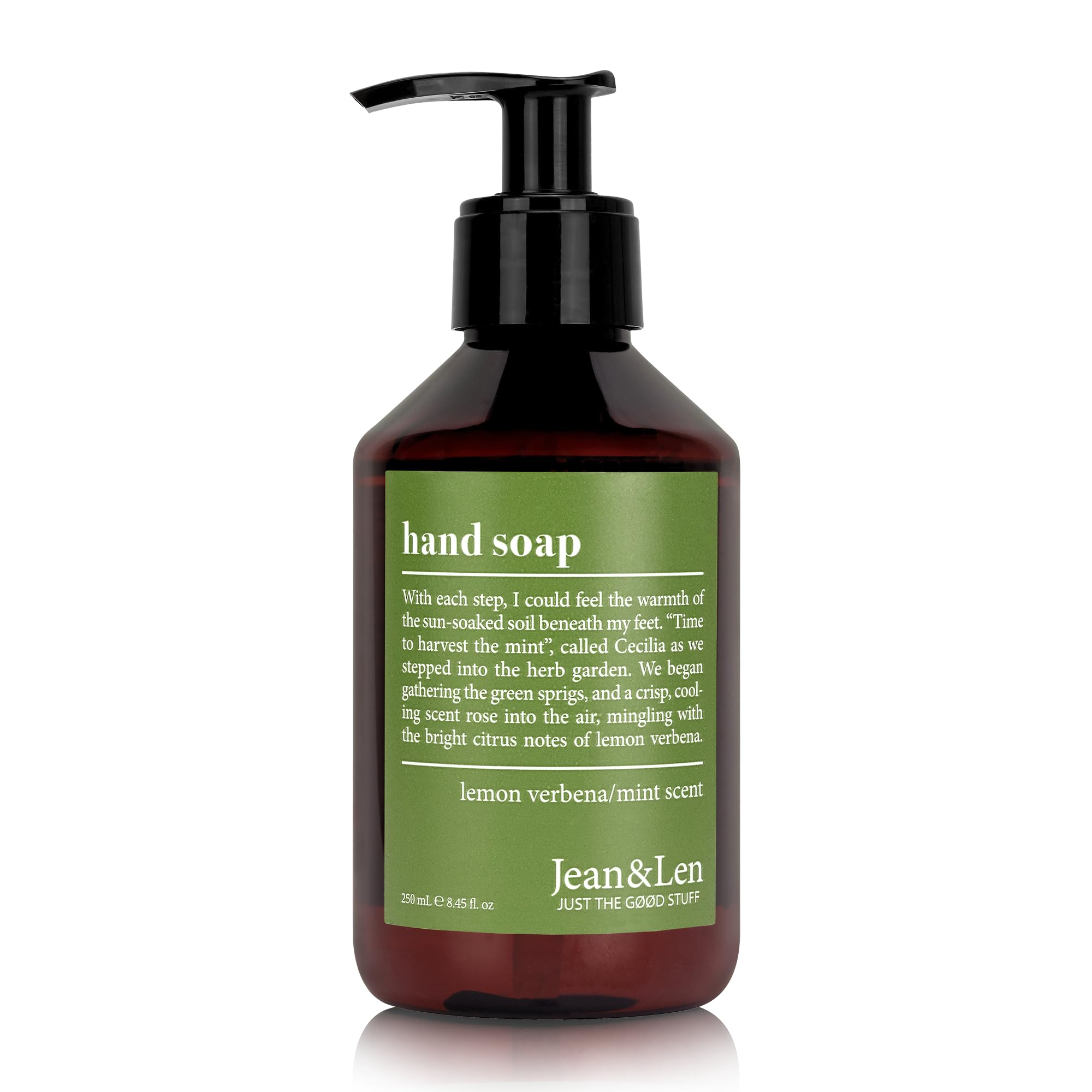 Jean & Len pump bottle front with citrus scent, stylish and convenient