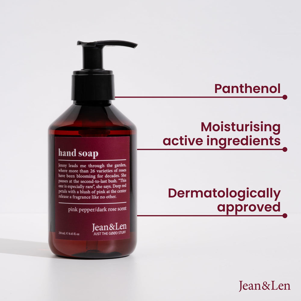 Jean & Len pump dispensing soap into hand, controlled portion and clean feel