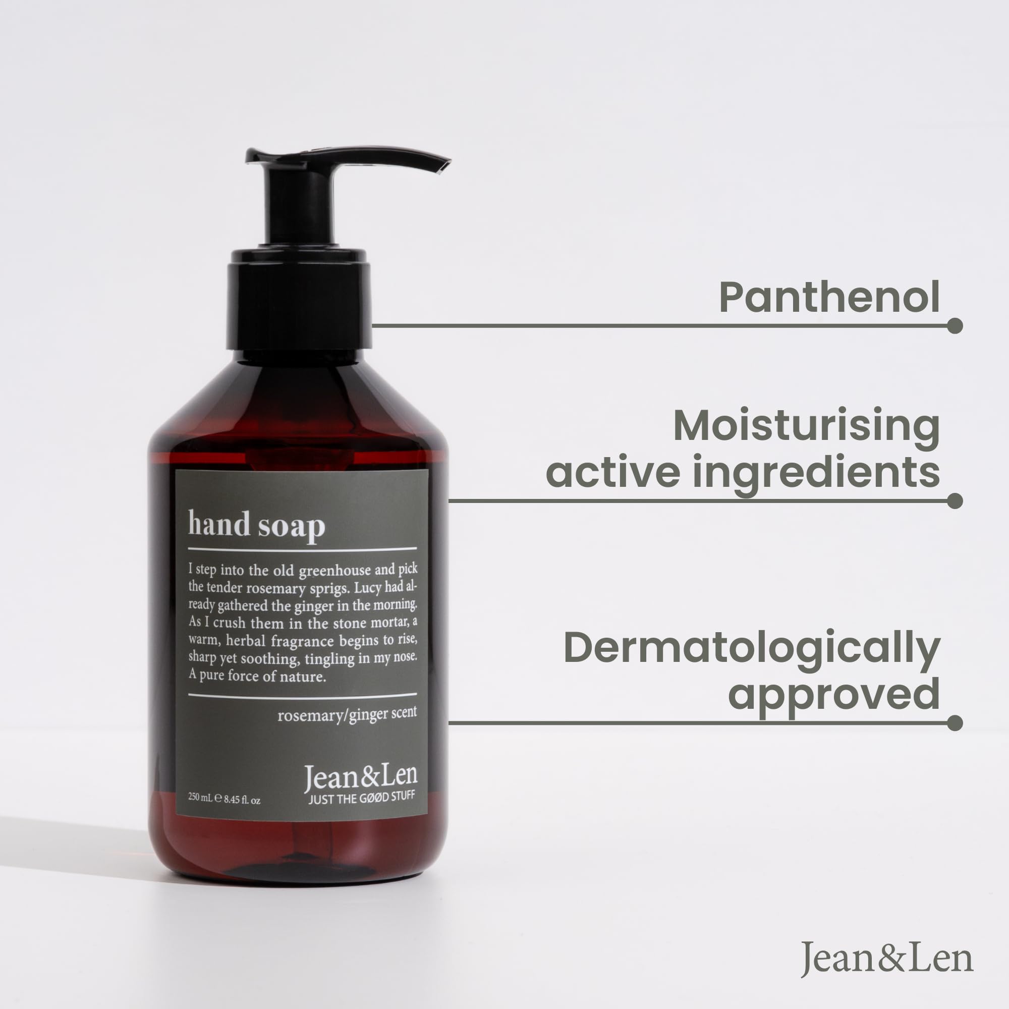 Jean & Len pump dispensing liquid soap for hygienic, controlled use