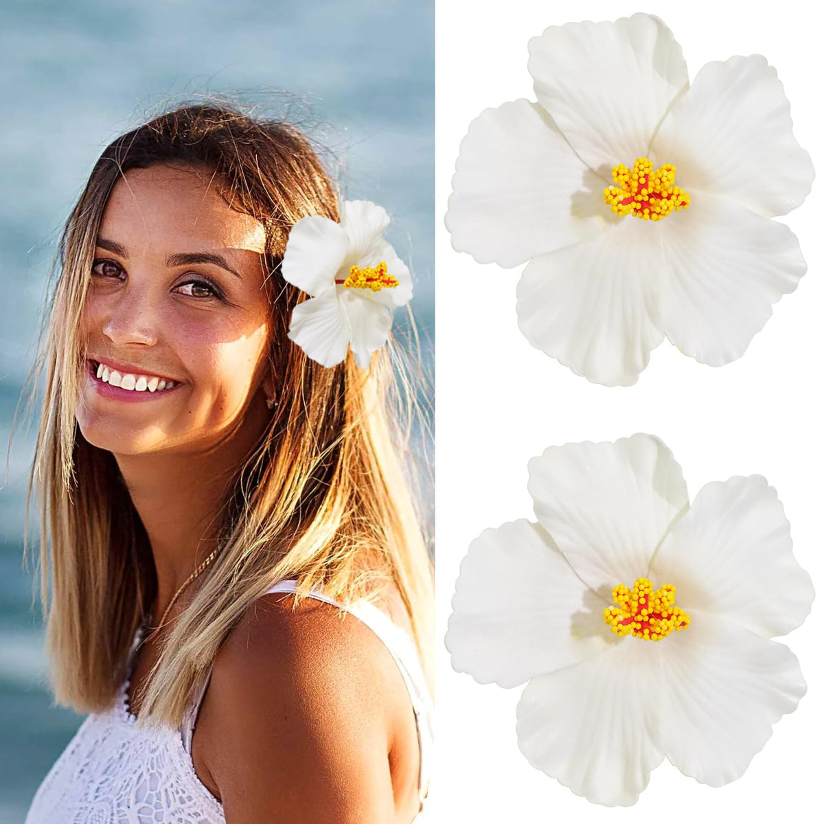 Jeffan front view of two white hibiscus clips showing island style and versatility