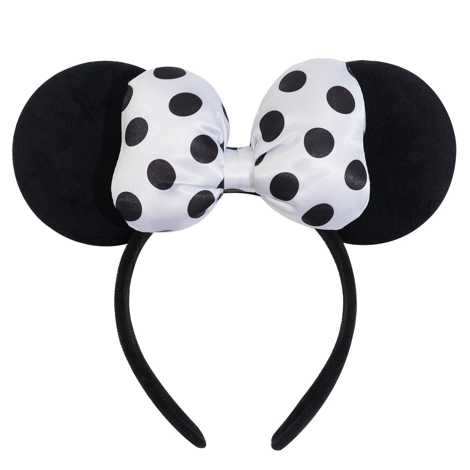 Jeffan mouse ear headband front view showing bold polka dot bow and velvet ears for standout photos