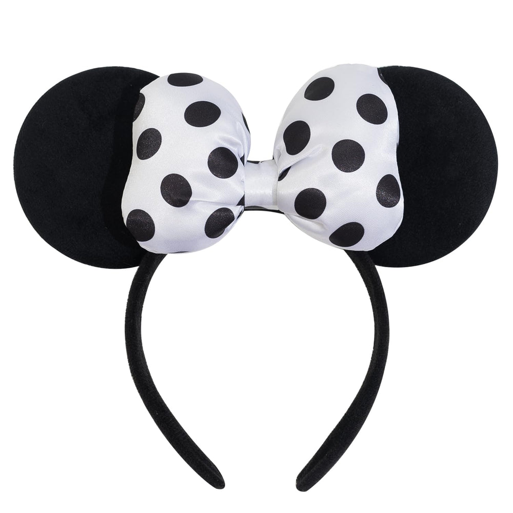 Jeffan mouse ear headband front view showing bold polka dot bow and velvet ears for standout photos