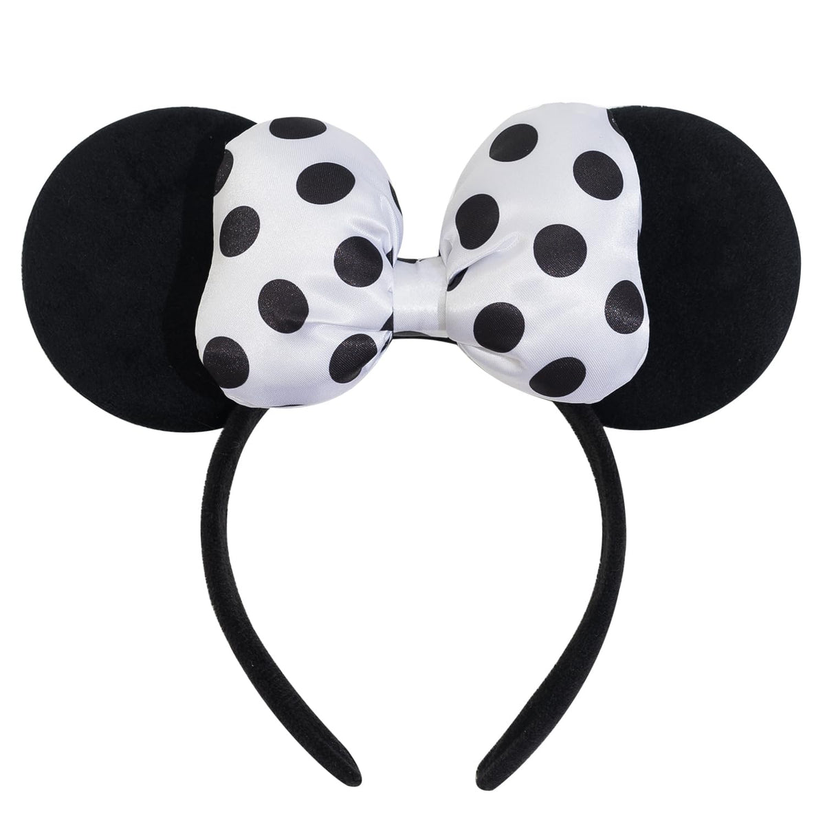 Jeffan mouse ear headband front view showing bold polka dot bow and velvet ears for standout photos