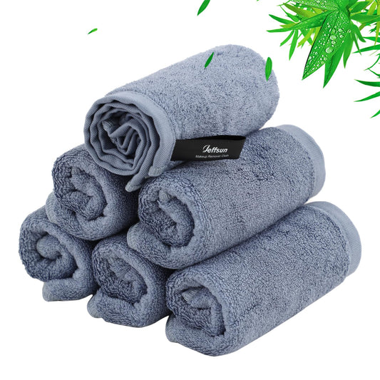 JEFFSUN front packaging showing six slate blue face washcloths, sustainable choice