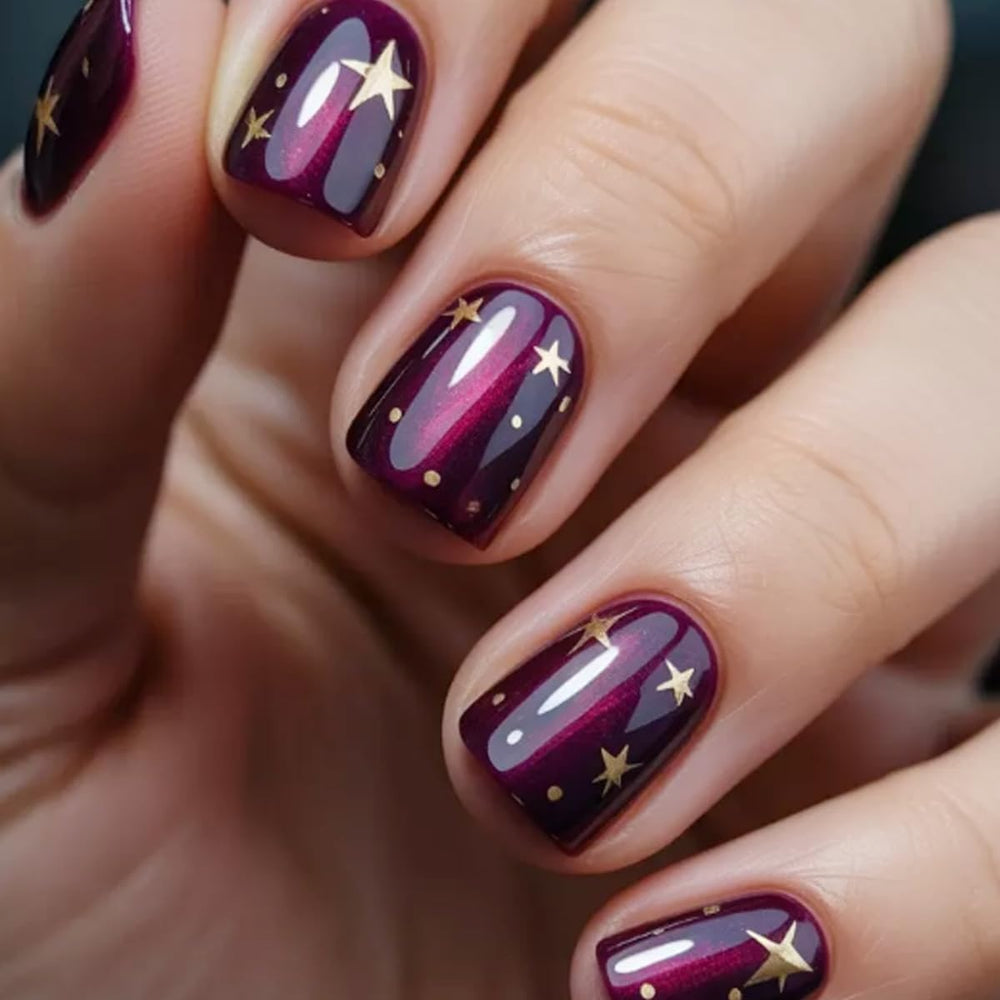 Jellyqueen front packaging showing 24-piece purple starry nails and accessories for easy glam