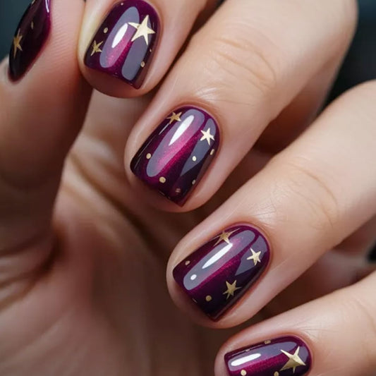 Jellyqueen front packaging showing 24-piece purple starry nails and accessories for easy glam