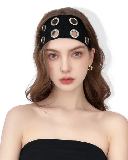 JENSVOIR front view of black grommet headband showing edgy style benefit