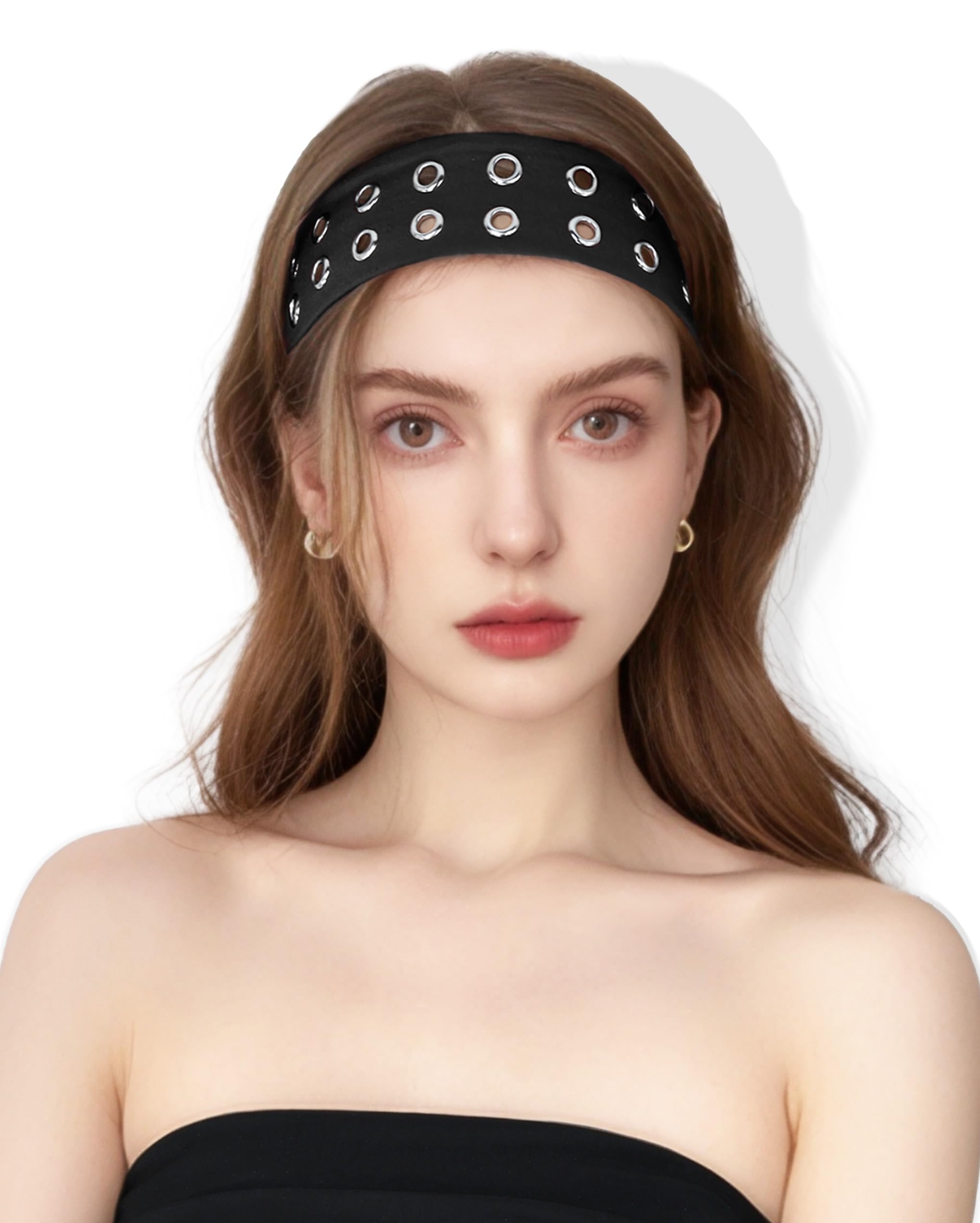 JENSVOIR front view of black grommet headband shows bold styling benefit