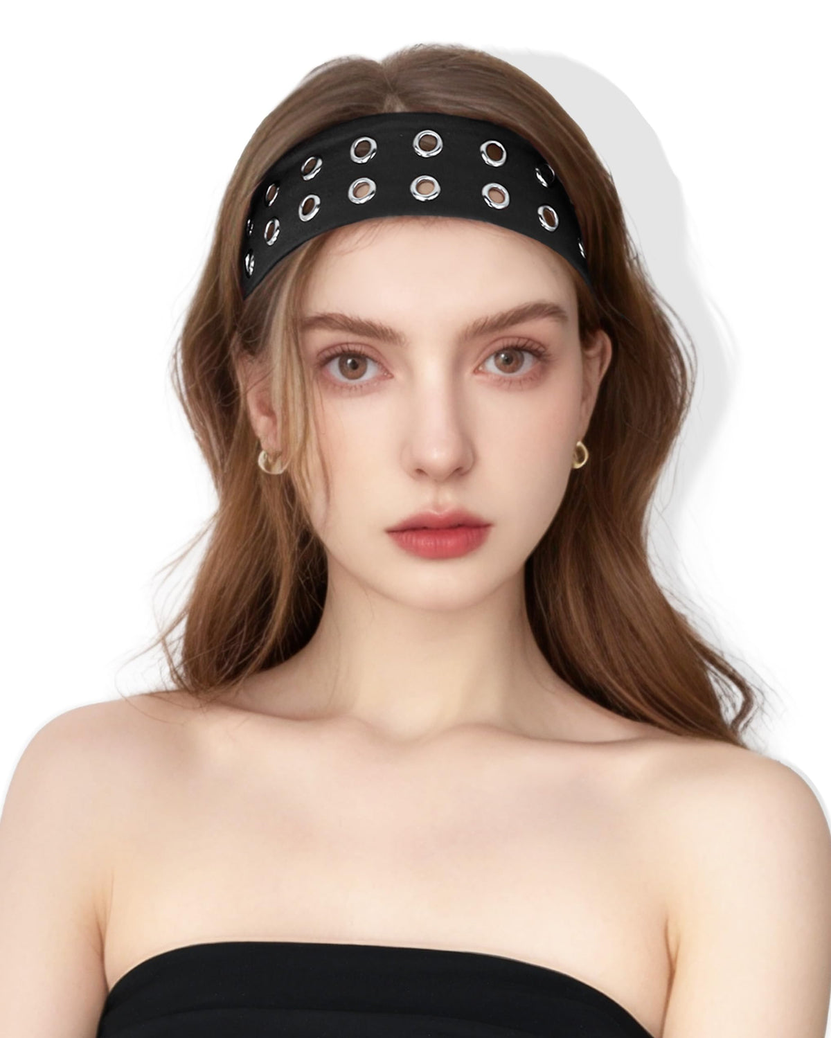 JENSVOIR front view of black grommet headband shows bold styling benefit