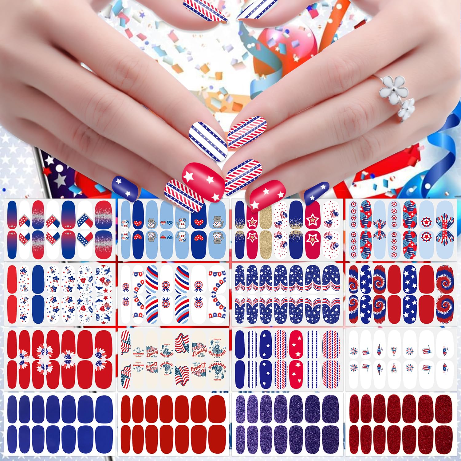 JERCLITY front packaging showing 16 patriotic nail wrap sheets, convenient travel-ready