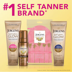 Jergens bottle on beach towel lifestyle scene, suggests sunless tanning convenience